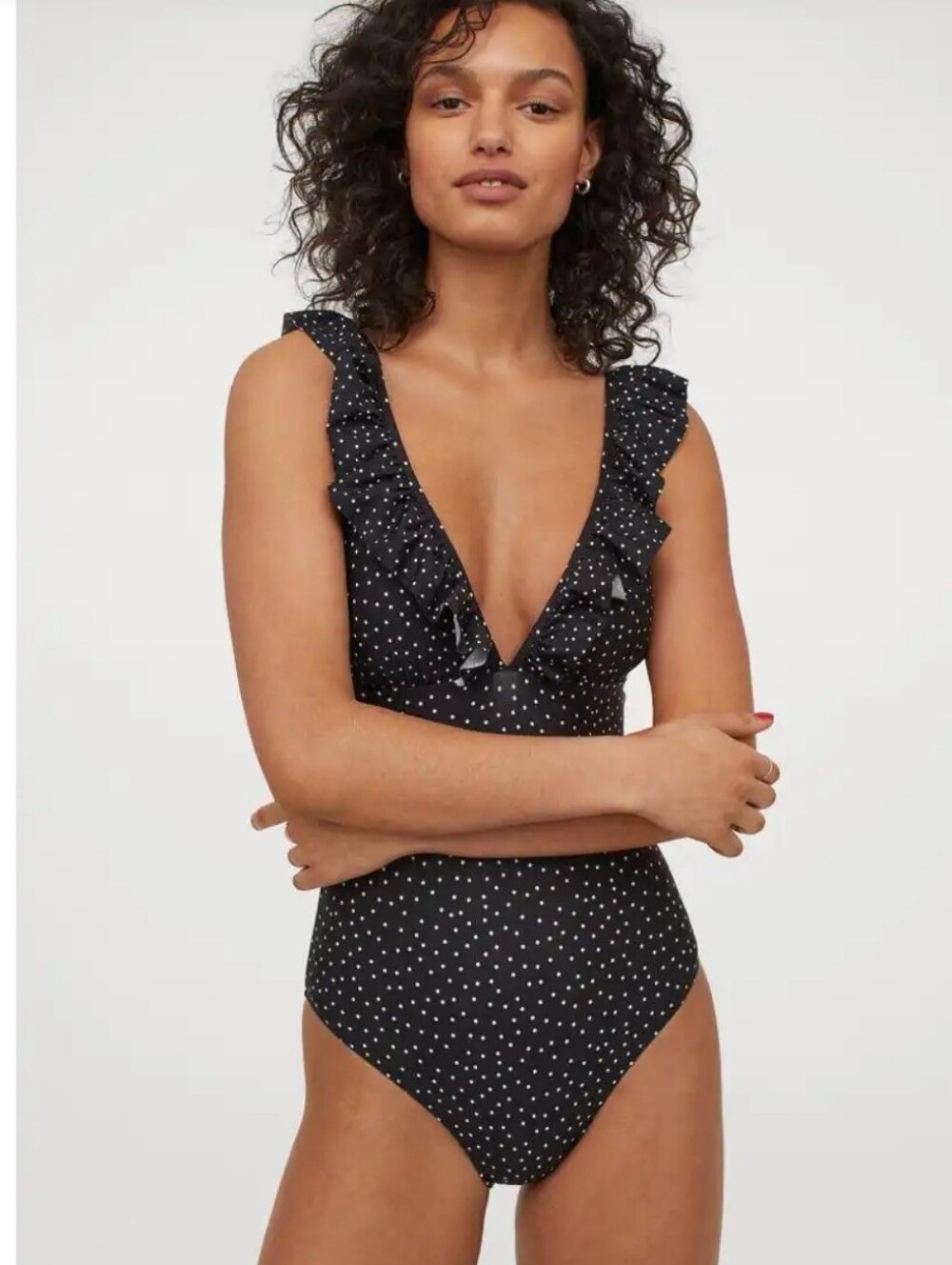 H&M Padded Cup One Piece V Neck Swimsuit Black Cream Dotted Size Small